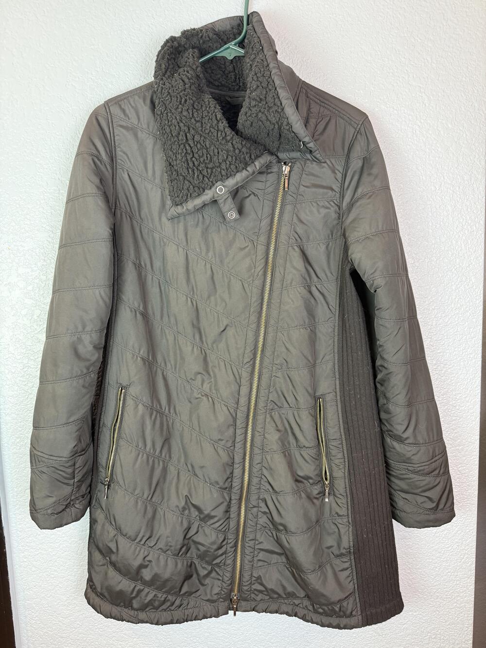 prAna Jacket Womens Medium Black Sherpa Lined Asymmetrical Zip Quilted Pockets